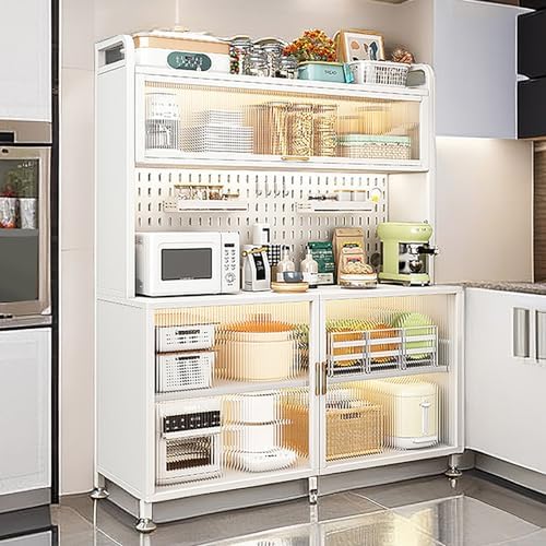 White Coffee Bar Cabinet on Wheels, Multi-Functional Bakers Rack & Microwave Stand with Transparent Flip Door, Customizable Backplane, Perfect for Kitchen, Dining & Living Room