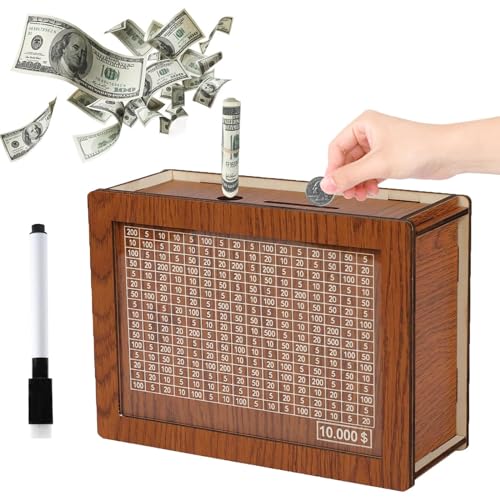 Cash Vault Wooden Savings Box, Money Saving Box with Money Target, Money Box for Cash, Wooden Piggy Bank for Adults, Cash Savings Box for Children and Adults Children's Day Birthday Gifts ($10000)