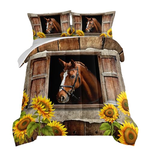 HOSIMA Farm Horse Comforter Set 2 Pillowcases,Brown Wood