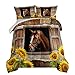 HOSIMA Farm Horse Comforter Set with 2 Pillowcases,Brown Wood Grain Print Queen Comforter Set for Adults Teens Boys Girls Sunflower Animal Bedding Country Farmhouse Room Decor Aesthetic.