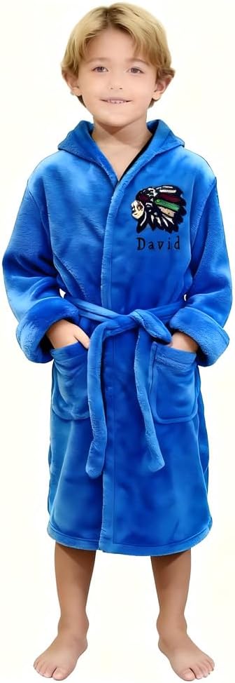 FEETOO]Custom embroidered name Native American Indian pattern Coral fleece boys robes
