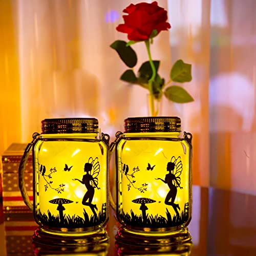 ANGMLN Solar Fairy Lantern Decor Night Light- 2 Pack Outdoor Fairies Decorations Gifts Hanging Lamp Frosted Glass Jar with Stake for Yard Garden Patio Lawn (Warm White)