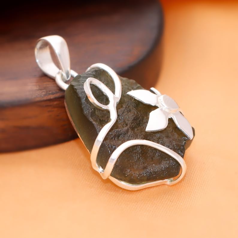 Certified Rough Moldavite Gemstone Pendant 925 Sterling Silver Wome's Pendant Czech Moldavite From Czech Republic Healing Stone Pendant Gift For Her2