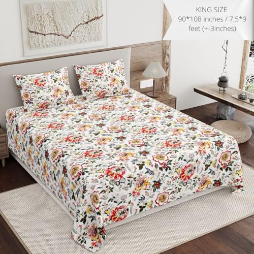 Image of Living Roots Ethnic Jaipur Block Print Double Cotton Bedsheet & 2 Pillow Covers, for Mattress Upto 6 inches Thick, No Colour Bleeding, Pink Colour, King Size 90 * 108 inches, 120TC (616-A)