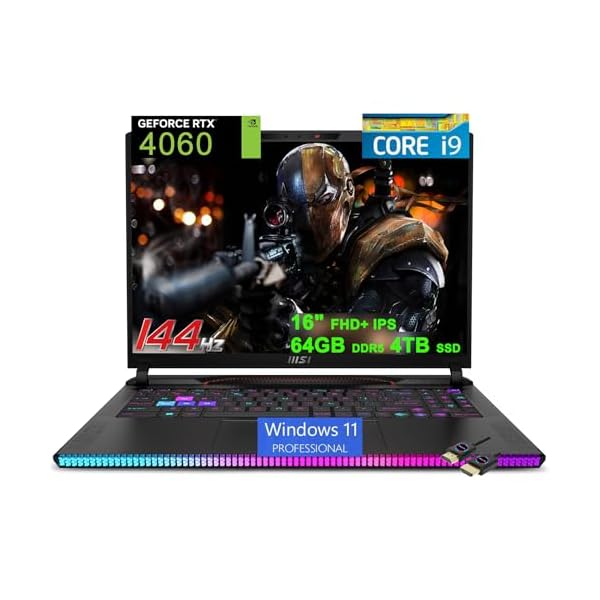 MSI Raider GE68HX Gaming Laptop | 16″” FHD+ IPS 144Hz | Intel 24-core i9-13950HX | 64GB DDR5 4TB SSD | GeForce RTX 4060 8GB | RGB Backlit Thunderbolt4 Dynaudio FHD Webcam Win11Pro + HDMI Cable, Black