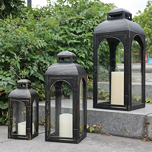 Needomo 3Pack Black Outdoor Lanterns For Front Porch, 25" Large Flameless Candle Holders Decorative For Garden, Metal Frame With Glass, Vintage Farmhouse Patio Decor, Pathway, Balcony, Yard Decor #TOP1