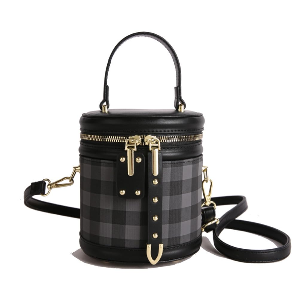 Borsa a secchiello da donna, a quadri, a blocchi di colore, cilindrica, a tracolla,