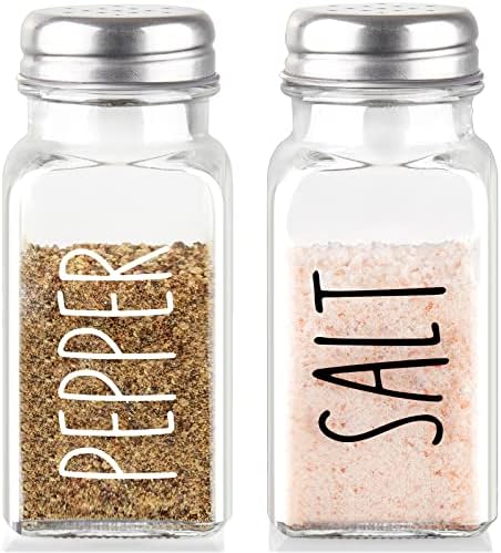 Clear Glass Salt and Pepper Shakers - Farmhouse Salt Shakers Set for Kitchen or Countertop, Transparent Pepper Shaker with Stainless Steel Lid, 2.7 oz