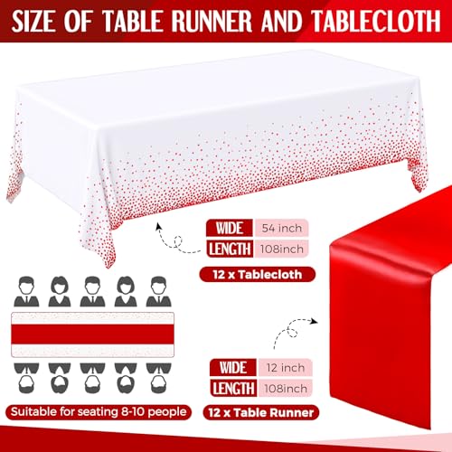 Image of Breling 24 Pack White and Red Disposable Plastic Tablecloths and Satin Table Runner Set, 54 x 108 Inch Tablecloth, 12 x 108 Inch Table Runners for Wedding Graduation Birthday Baby Shower