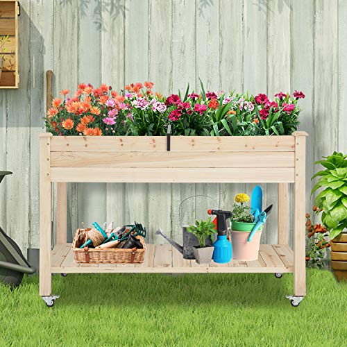 Kintness Raised Garden Bed On Wheels Wooden Elevated Wood Planter Box Stand With Storage Shelf For Backyard #TOP1