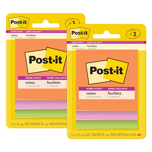 Image of Post-it Super Sticky Notes, 3 Sticky Note Pads, 3 x 3 in., School Supplies, Office Products, Sticky Notes for Vertical Surfaces, Monitors, Walls and Windows, Energy Boost Collection (Pack of 2)