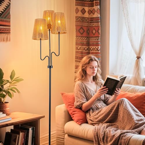 Image of MAYNA 3-Light Black Boho Floor Lamp with Handwoven Rattan Shades | Adjustable Swiveling Arms, Foot Switch Standinmg Floor Lamp for Living Room & Bedroom, 3 LED Bulbs Included