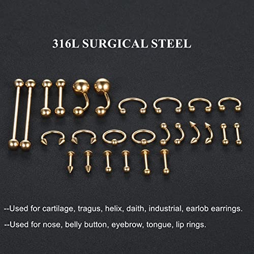 58Pcs Body Piercing Kit Surgical Steel 14G 16G Bcr Cbr Labret Lip Rings Cartilage Daith Earrings Belly Button Rings Nose Septum Piercing Jewelry Needles Gloves Clamps Tools, Gold #TOP3