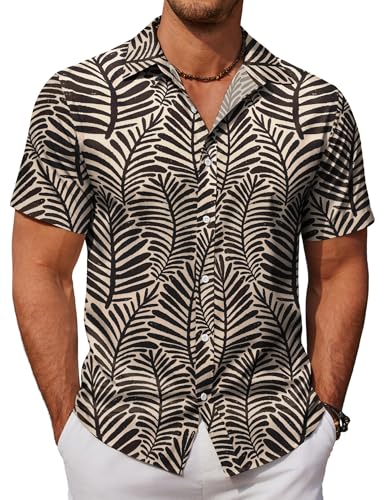 Chemise hawaïenne COOFANDY beige à feuilles noires pour homme en grande taille 3XL