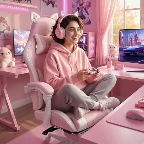 Sedia Gaming Ergonomica con Orecchie da Gatto, Poltrona Gaming Ufficio Reclinabile in Finta Pelle con Poggiapiedi, Poggiatesta e Altezza Regolabile, Supporto Lombare e Cervicale, Rosa - Sedia gaming - Immagine 1