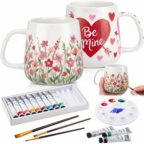 Image of Geiserailie Mug Painting Kit for Adults, Paint Your Own Ceramic Mug DIY Set with 2 Mugs, 12 Acrylic Paints, 3 Brushes & Palette Creative Gift for Graduation Mother's Day Birthday Party(Simple Bulbous)
