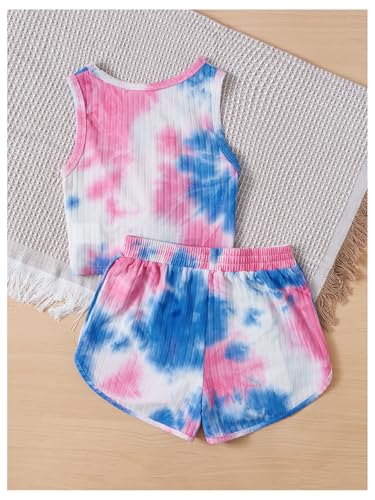 Image of Floerns Girl's 2 Piece Outfit Tie Dye Knitted Crop Tank Top and Track Shorts Sets Pink 11-12Y