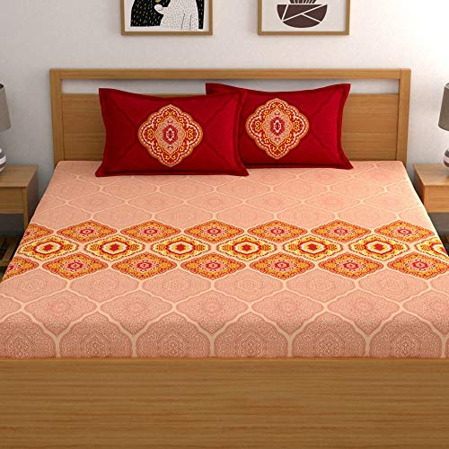 Image of Dreamscape 100% Cotton Fitted Queen Bedsheets with 2 Pillow Covers Cotton (Size 60 x 78 inches, 140TC, Colour Pink)