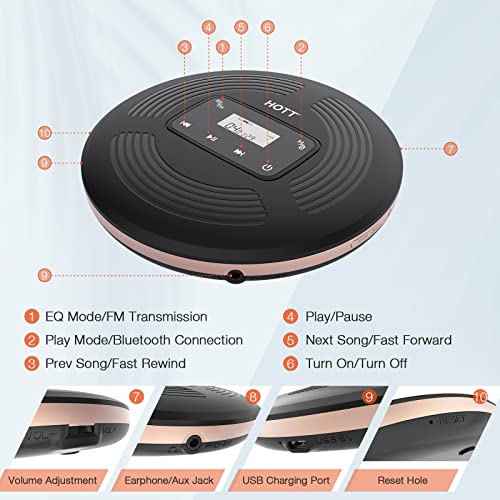 Hott Cd903Tf Rechargeable Portable Cd Player With Bluetooth For Car With Aux Output And Fm Transmitter,Touch Buttons ,Headphones Anti-Shock Protection-Black #TOP5