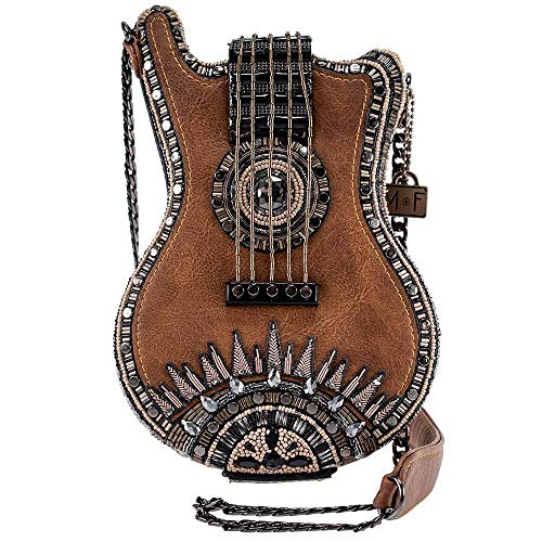 Mary Frances Open Mic Beaded Handbag – Guitar-Themed Crossbody Bag, Brown