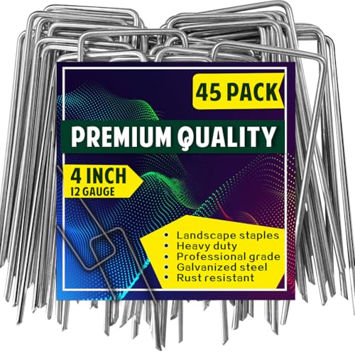 Garden Pegs, 45 Pack Weed Membrane Pegs 4 Inch/100 mm Galvanised Steel Ground Pegs Strong U-Shaped Garden Stakes for Fabric, Weed Control Membrane, Artifical Grass, Matting, Netting, Hoses