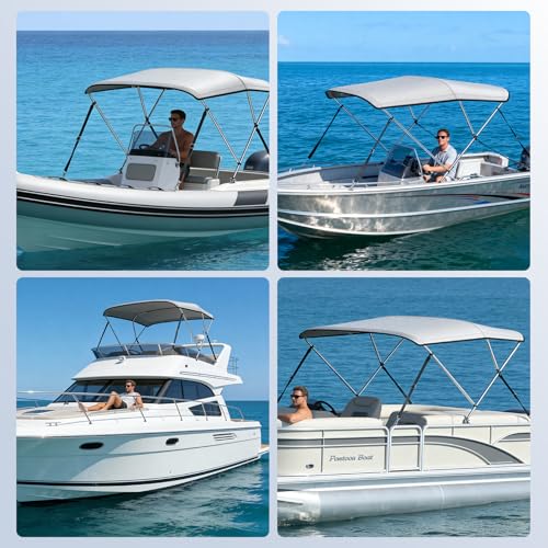 KAKIT 3 Bow Bimini Top for Boats, Marine Grade Canvas Top Heavy Duty Oxford Boat Canopy Adjustable 4 Straps Zippered Storage Boot Metal Base (3 Bow 6'L x 46" H x 54"-60" W,Gray) by KAKIT - Image 7