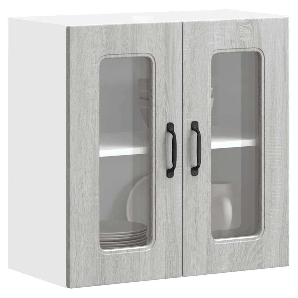 Kalmar Küchen-Hängeschrank Grau Sonoma Holzwerkstoff, 60x31x60cm, mit Glastür, Wandschrank für Küche, Speisekammer, Lagerung