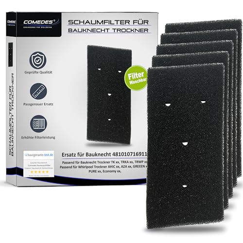 Comedes Filter für Bauknecht Trockner 481010716911, HX Schaumfilter Flusenfilter, auch für Geräte von Whirlpool & Privileg (5 Stück)