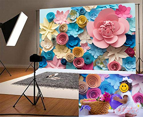 Laeacco Vinyl 7x5ft Photography Background Colorful Flowers Paper Background Pattern Lovely Style Champagne Blue Pink Blossoming Flower Backdrops Portraits Shooting Video Studio Props 2.2x1.5m