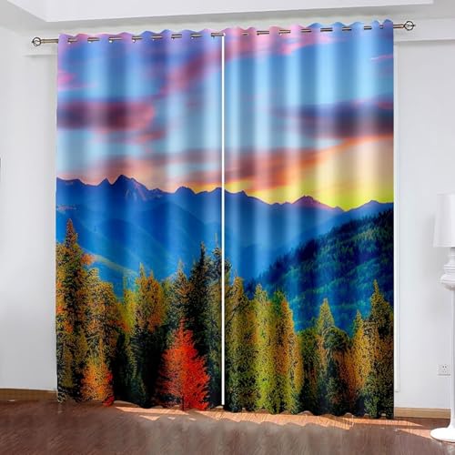 Wycian Outdoor Curtain Easy Curtains Multicolor Pack of 2 Sunset Mountains and Trees Polyester 52" W X 63" H (132X160Cm) for Each Pc
