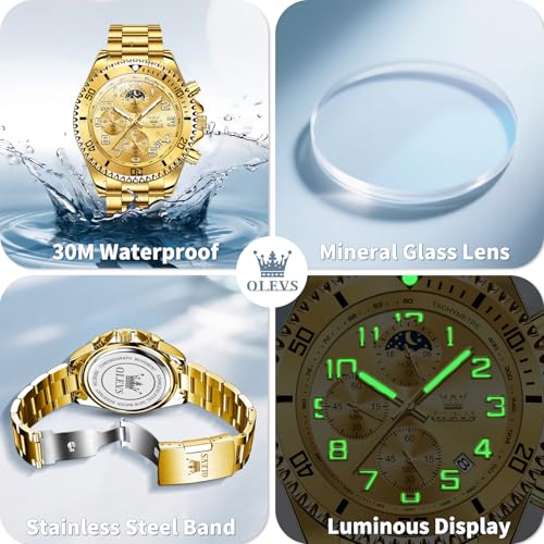 OLEVS Watches for Men Stainless Steel Dress Men Watch with Date Big Face Chronograph Waterproof Luxury Fashion Watch Blue/Black/Gold/Green/Silver Face Relojes para Hombres4