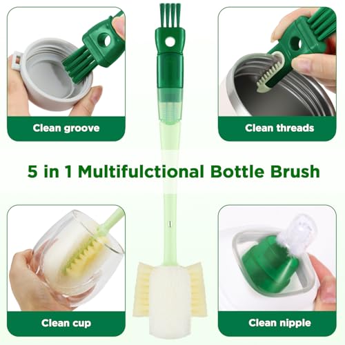 Image of OUTXE 6 Pack Bottle Brush Set, 5-in-1 Water Bottle Cleaner Brush, 14 inch Long Handle Bottle Cleaning Brush, 3 Straw Brush, Removable Nipple Detail Brush for Cup Lid Gap, with Replecement Sponge