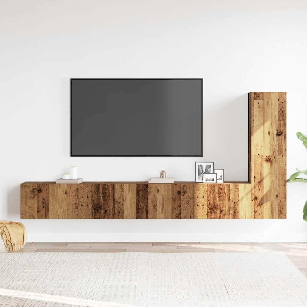 3-TLG. TV-Schrank-Set Wandmontage, Altholz-Optik Holzwerkstoff Lowboard, modernes Media Center für Wohnzimmer, stabiles TV Board mit viel Stauraum