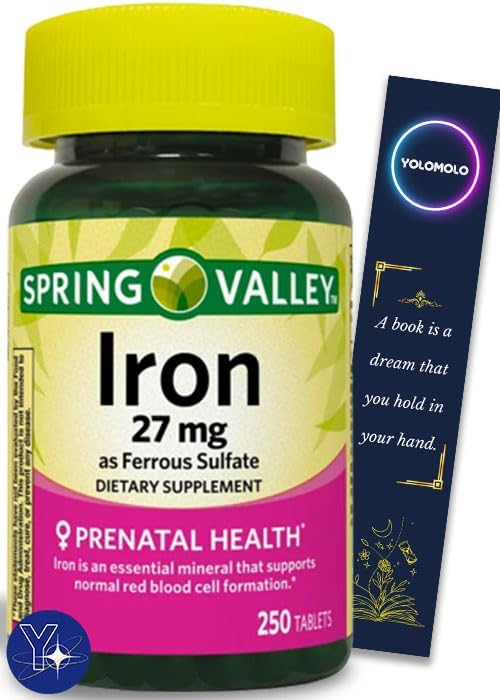 Hierro Prenatal Health Suplemento dietético Tabletas Spring Valley, 27 mg, 250 unidades y marcador de regalo de YOLOMOLO