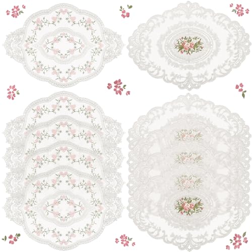Mixweer 10 Pcs White Retro Lace Placemats Oval Embroidered Table