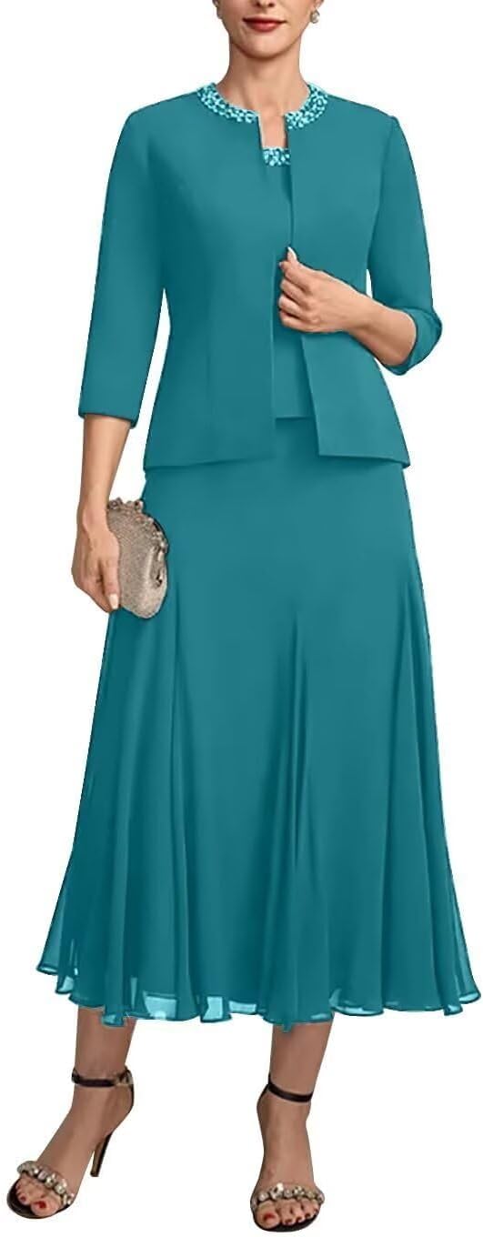 3 Piece Mother of The Bride Dresses for Wedding Beaded Chiffon Mother of The Groom Gown with Jacket WQ12