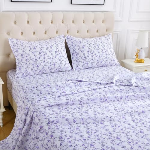 Image of Viviland Floral King Sheet Set - 4 Piece Purple Lavender Botanical Patterned Bed Sheets - Soft, Breathable Microfiber Sheets with Deep Pocket, Non-Slip Fitted Sheets & Pillowcases