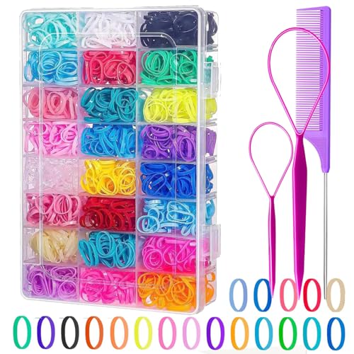 Elastic Hair Bands 24 Colors, 2000 Pcs Colorful Hair Rubber Bands for Hair with 3 Hair Braiding Tool, Small Hair Ties Mini Hair Bands With Organizer Box, Hair Accessories for Girls Toddlers Kid