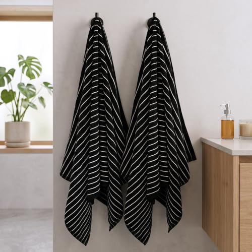 Image of Black Bath Towels Set of 2, Striped Towels for Bathroom, Beach & Shower