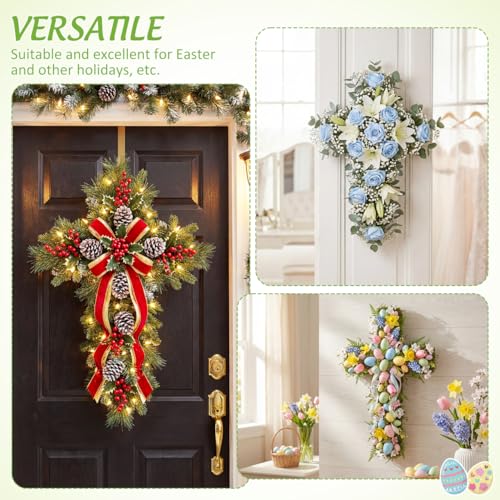 ULTECHNOVO 2 Pack Cross Wreath Frame 15.7 Inch Metal Wire Form for DIY Floral Craft Easter Christian Religious Memorial Front Door Decor Green Iron
