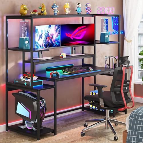 Image of TEKAVO Gaming Table | 180 CM | Gaming Setup Desk with Hutch and Monitor Rise | Computer Table for Home pc | DIY | Black