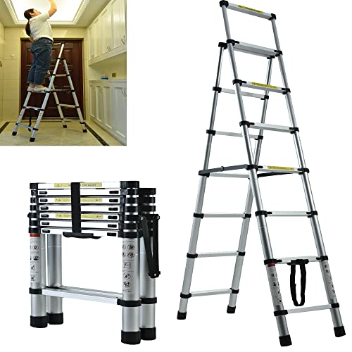 6+7 Steps Ladder Telescoping Ladder Folding Step Ladder Aluminum Lightweight Portable Collapsible Ladder 330 LBS Capacity Multi-Use Ladders for Home&Kitchen(2+2.3m)
