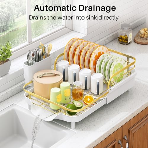 Image of SAYZH Dish Drying Rack - Expandable Dish Rack for Kitchen Counter, Rust-Resistant Dish Drainer with Utensil Holder and Raised Guardrail, Kitchen Organizer for Cup and Bottle (Gold)