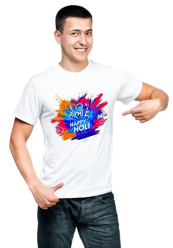 Image of Knitted Polycotton Fabric Regular Fit Men Boys Half Sleeve T-Shirt for Festival of Holi Style 3 White Size : Free