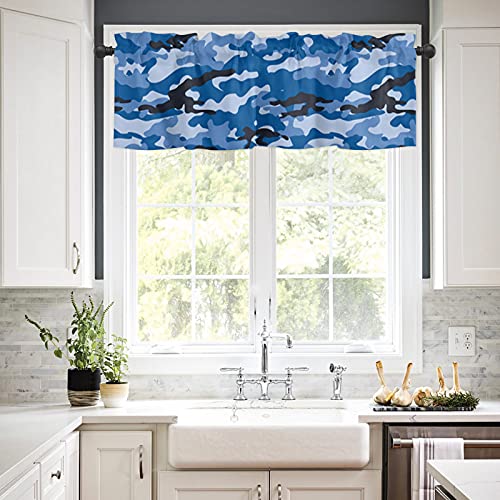 Warm Tour Abstract Navy Blue Camouflage Window Valance Curtains Camo Army Pattern Short Curtain For Kitchen Living Room Bathroom Windows, 1 Panel Drapes Rod Pocket Valances #TOP9