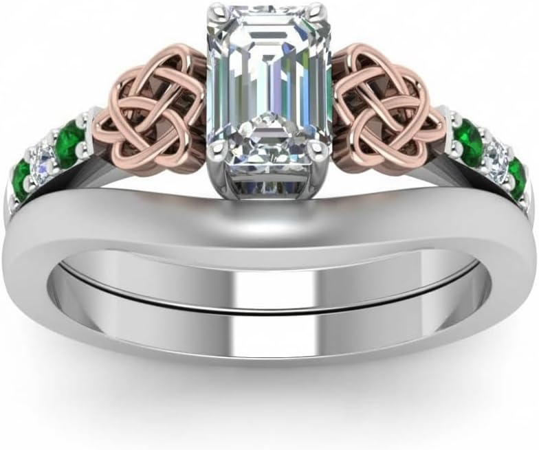 Choose Your Gemstone Celtic Knot Ring with Plain Band Set Sterling Silver Emerald Shape Wedding Ring Sets Matching Jewelry Wedding Jewelry Easy to Wear Gifts US Size 4 to 12