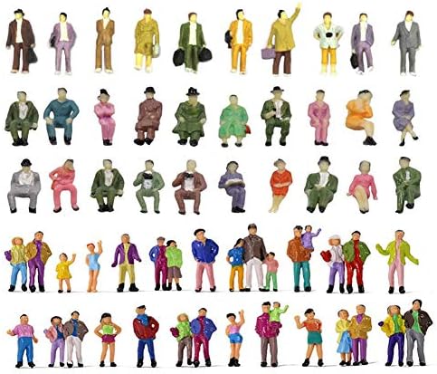 Hiawbon 50 Pcs People Figurines Set Tiny Sitting and Standing Delicate Hand Painted People Model Train Park Street People Figures for Miniature Scenes,1:87 Scale
