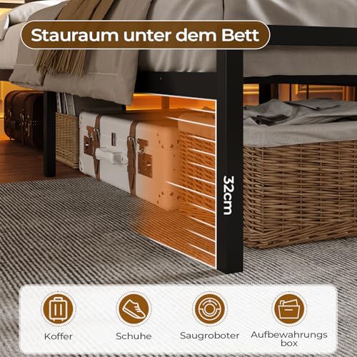 DICTAC Bettgestell 160x200 mit LED Beleuchtung Bett 160x200 mit Steckdose und USB-Ladefunktion &Holzkopfteil Metallbett mit Lattenrost aus Metall,Bettrahmen mit Stauraum unter dem Bett, Höche 32