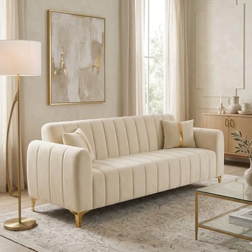 Image of FURNY Harmony 3 Seater Fabric Sofa Set & Golden Legs (Cream) with Velvet Finish | Durable Comfort | Ideal for Living Room
