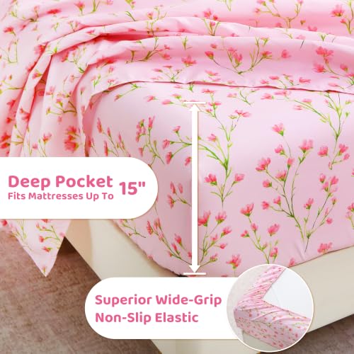 Image of Mooreeke Cozy Floral Microfiber Printed Queen Sheet Set - Soft & Breathable Pink Flowers Bed Sheets with Deep Pocket - Non-Slip Fitted Design - Pink Flowers with Green Branches Pattern - Queen
